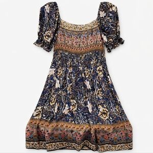 ePretty Boho Navy Blue Floral Dress Size Small Smocked Puff Sleeve Etheral